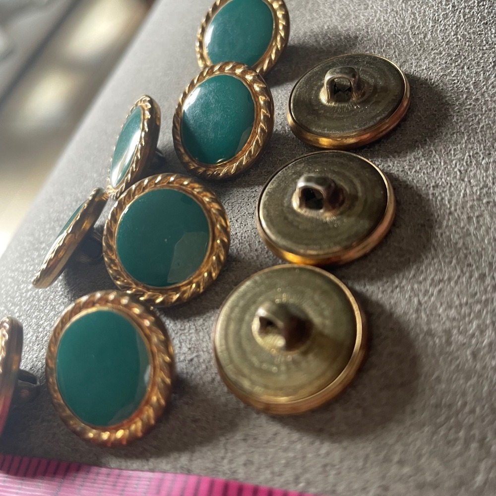 10 Vintage Gold Tone Teal Green Enamel Rope Border Shank Buttons 0.75 Inch